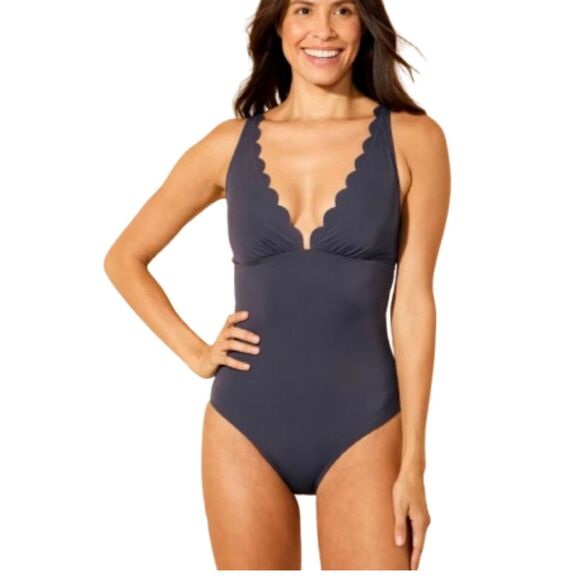 Shade & Shore Other - Shade & Shore Scallop Edge Tummy Control Gray One Piece Swimsuit Size L Long